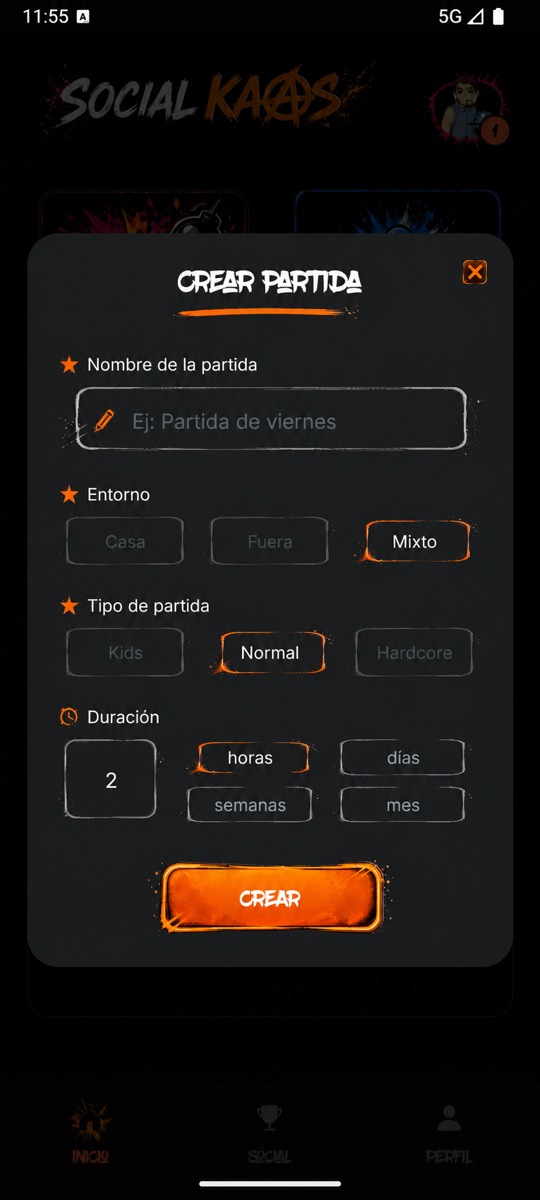 Formulario para crear partida en SocialKaos