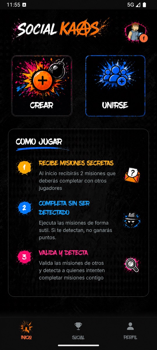 Pantalla de inicio de SocialKaos